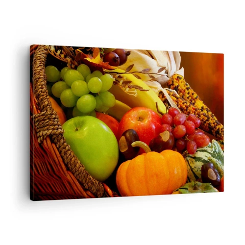 Schilderen op canvas - Een mand met fruit, pompoenen en maïs tegen een achtergrond van herfstkleuren. - 70x50cm - Oogstmand - Moderne wanddecoratie voor woonkamer en slaapkamer ARTTOR