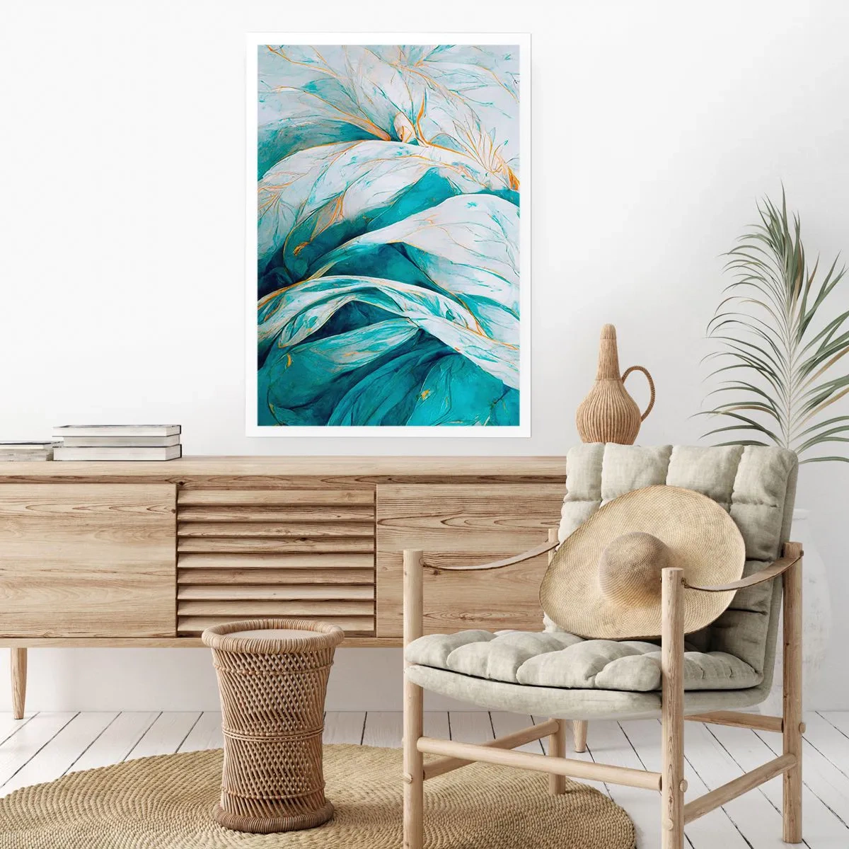 Poster - Blauwe abstractie met een gouden motief - 70x100 cm