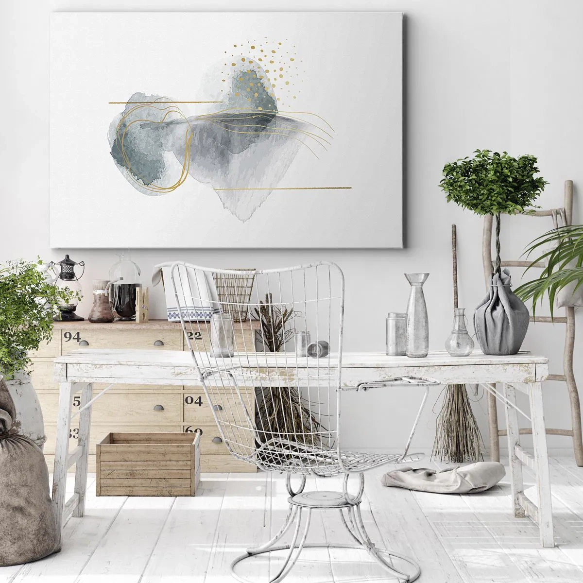 Schilderen op canvas - Een abstracte compositie in tinten turquoise en goud. - 70x50cm - Over de relatie tussen grijs en goud - Moderne wanddecoratie voor woonkamer en slaapkamer ARTTOR
