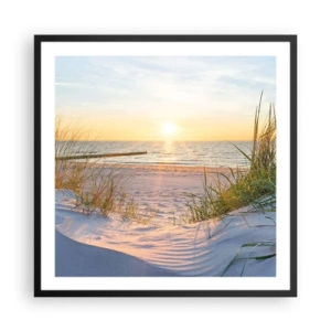 Poster in een zwarte lijst - Het geluid van de zee, het zingen van vogels, een wild strand tussen het gras... - 60x60 cm
