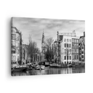 Schilderen op canvas - Zwart-wit panorama van Amsterdam met gracht en historische gebouwen - 70x50cm - Amsterdamse sferen - Moderne wanddecoratie voor woonkamer en slaapkamer ARTTOR