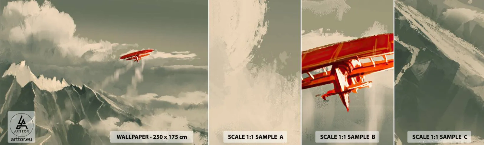 Fotobehang Monster Zelfklevend Deluxe Sticker - Onverschrokken pionier - Abstractie, Vliegtuig, Berglandschap - 100x30 cm