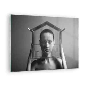 Schilderen op glas - Vrouw met een kooi in de vorm van een huis op haar gezicht in zwart-wit - 70x50cm - Een ietwat surrealistisch portret - Moderne wanddecoratie voor woonkamer en slaapkamer ARTTOR