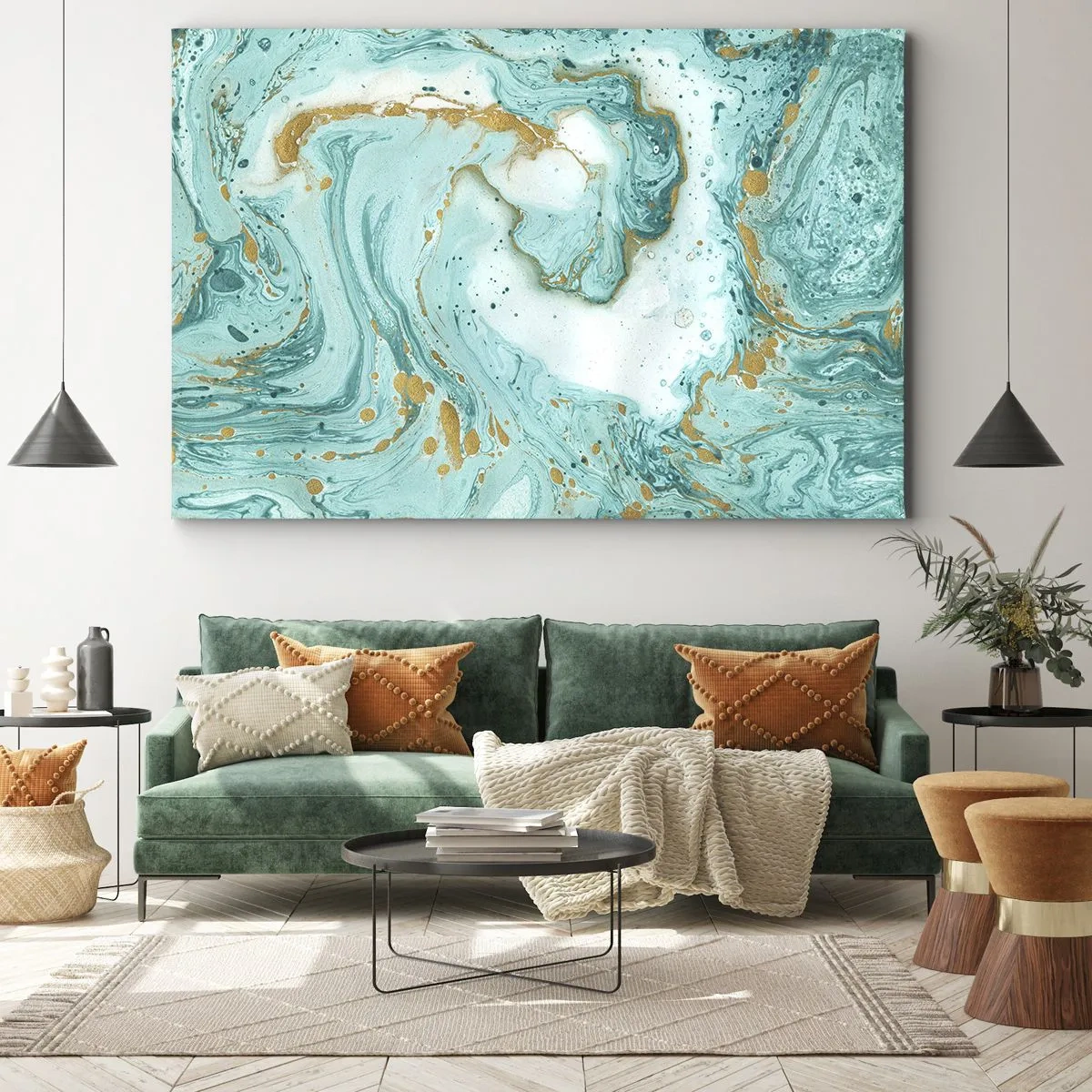 Schilderen op canvas - Turquoise marmer met gouden accenten in een abstracte compositie - 70x50cm - Onder de grote golf van het Edo-tijdperk - Moderne wanddecoratie voor woonkamer en slaapkamer ARTTOR