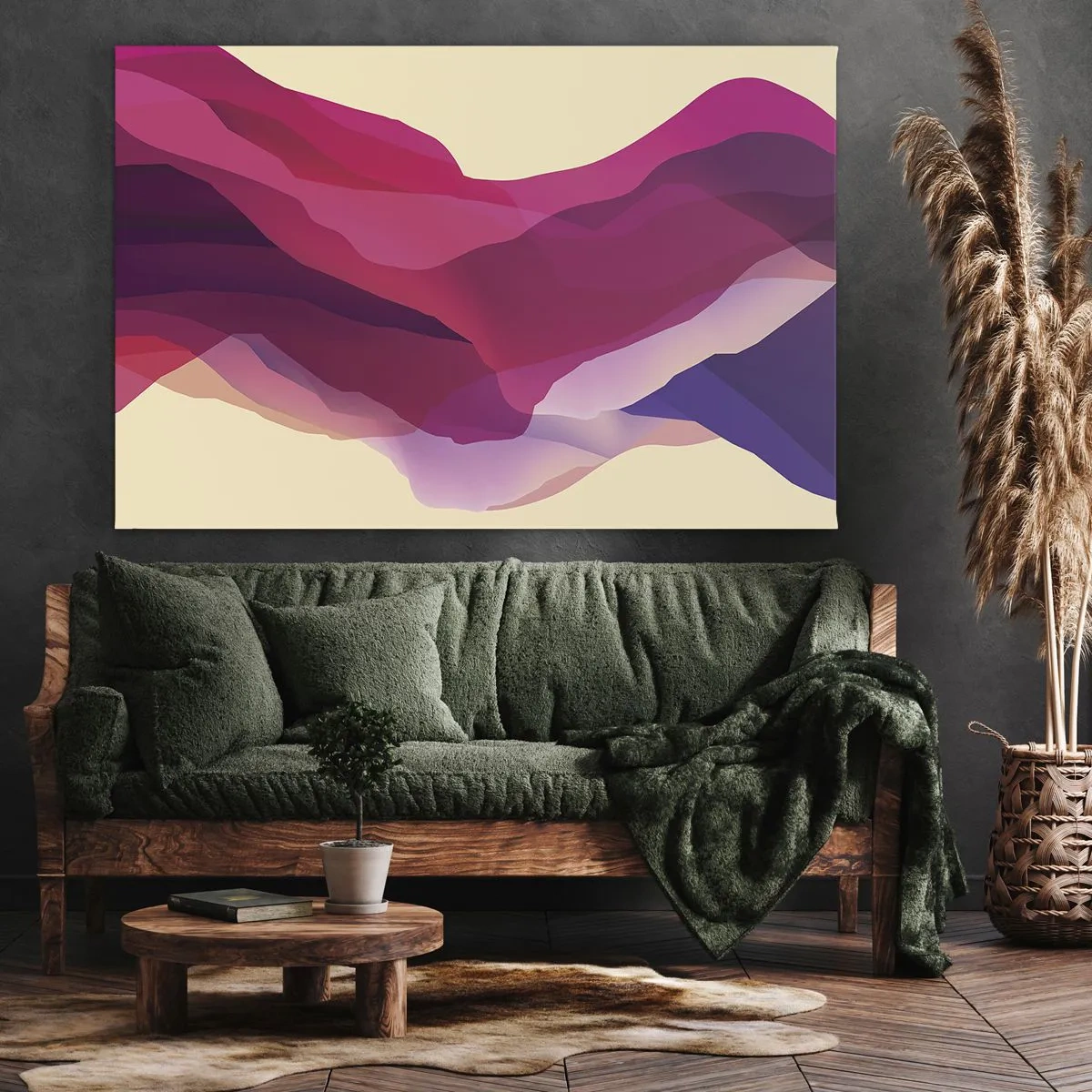 Schilderen op canvas - Abstracte golven in tinten paars en roze op een lichte achtergrond - 70x50cm - Paarse golven - Moderne wanddecoratie voor woonkamer en slaapkamer ARTTOR