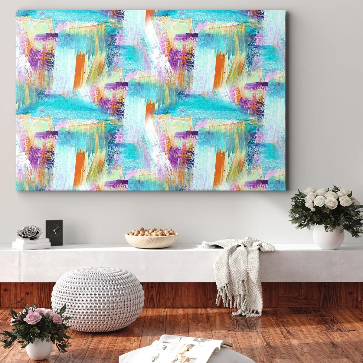 Schilderen op canvas - Kleurrijke abstractie met dynamische penseelstreken - 70x50cm - Vrolijk vlekkerig en besmeurd - Moderne wanddecoratie voor woonkamer en slaapkamer ARTTOR