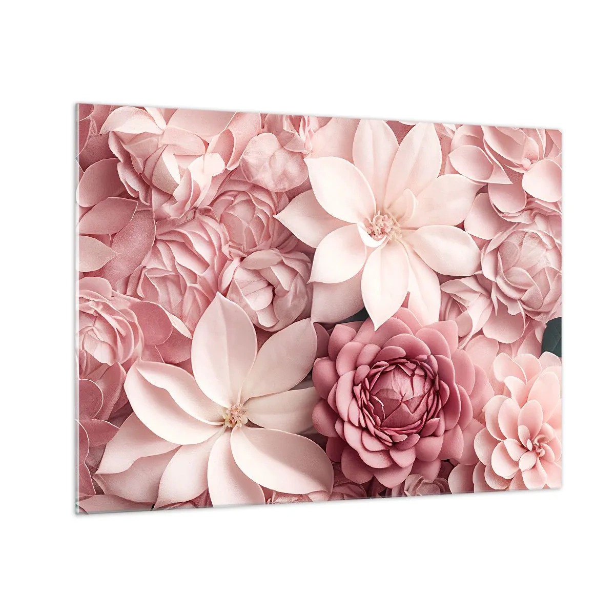 Schilderen op glas - Delicate roze bloemen in een compositie vol bloemblaadjes - 70x50cm - In roze bloemblaadjes - Moderne wanddecoratie voor woonkamer en slaapkamer ARTTOR