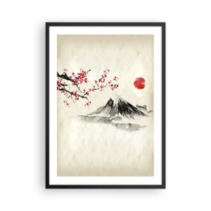 Poster in een zwarte lijst - Een berg met een bloeiende kersentak en een rode zon - 50x70cm - Houd van Japan - Moderne wanddecoratie voor woonkamer en slaapkamer ARTTOR