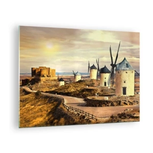 Schilderen op glas - Windmolens en een kasteel in het landschap bij zonsondergang - 70x50cm - Don Kichot zal snel hier zijn.  - Moderne wanddecoratie voor woonkamer en slaapkamer ARTTOR
