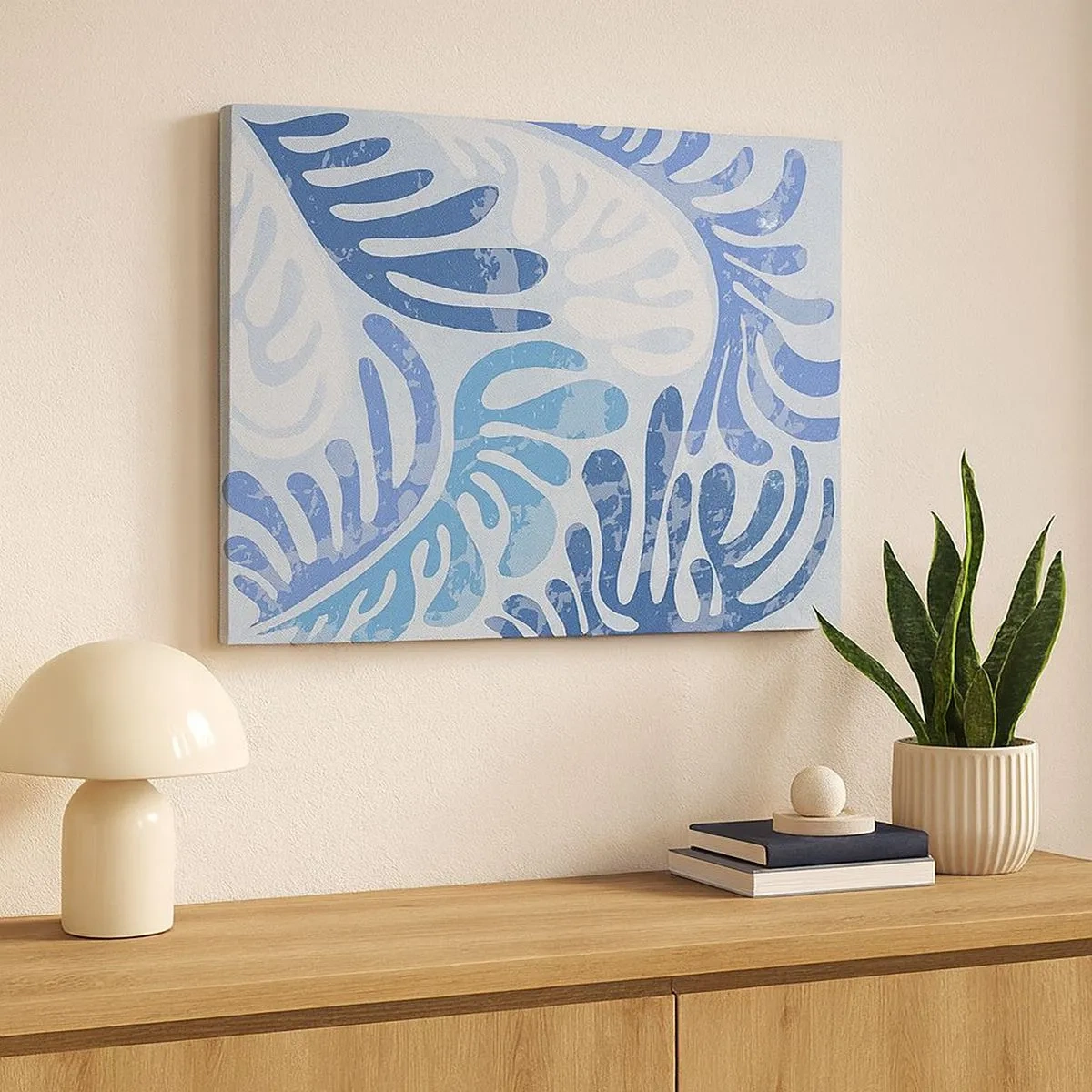 Schilderen op canvas - Abstracte vormen in blauwtinten op een witte achtergrond - 70x50cm - Blauwe varens - Moderne wanddecoratie voor woonkamer en slaapkamer ARTTOR
