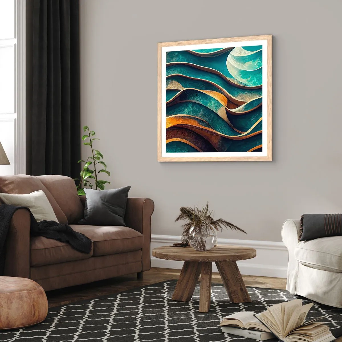 Een poster in een licht eiken lijst - Meanders van blauw - 60x60 cm