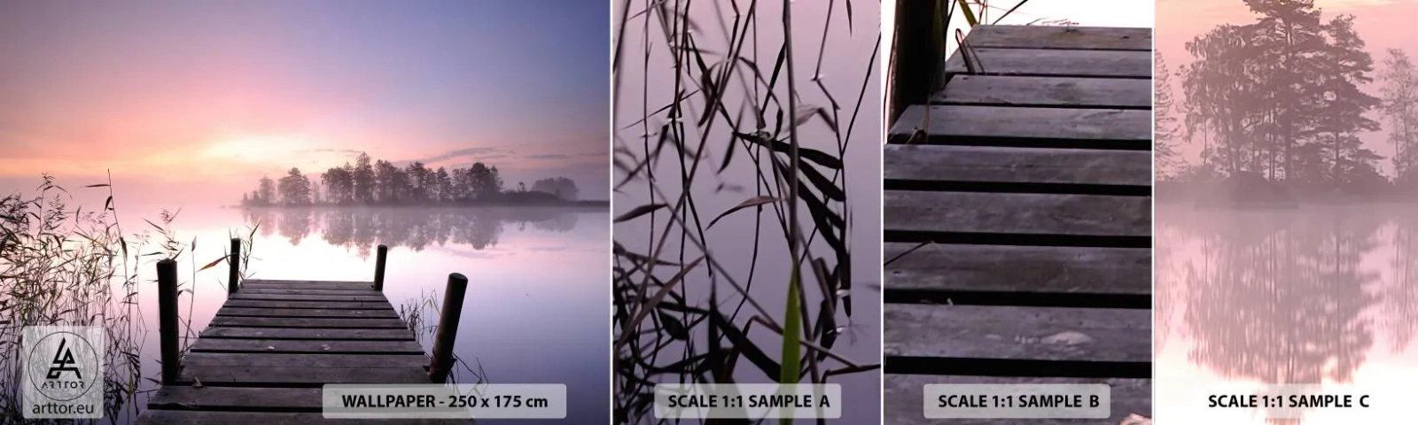 Fotobehang Monster Zelfklevend Deluxe Sticker - Van de lila mist... - Landschap, zonsopkomst, Meer - 100x30 cm