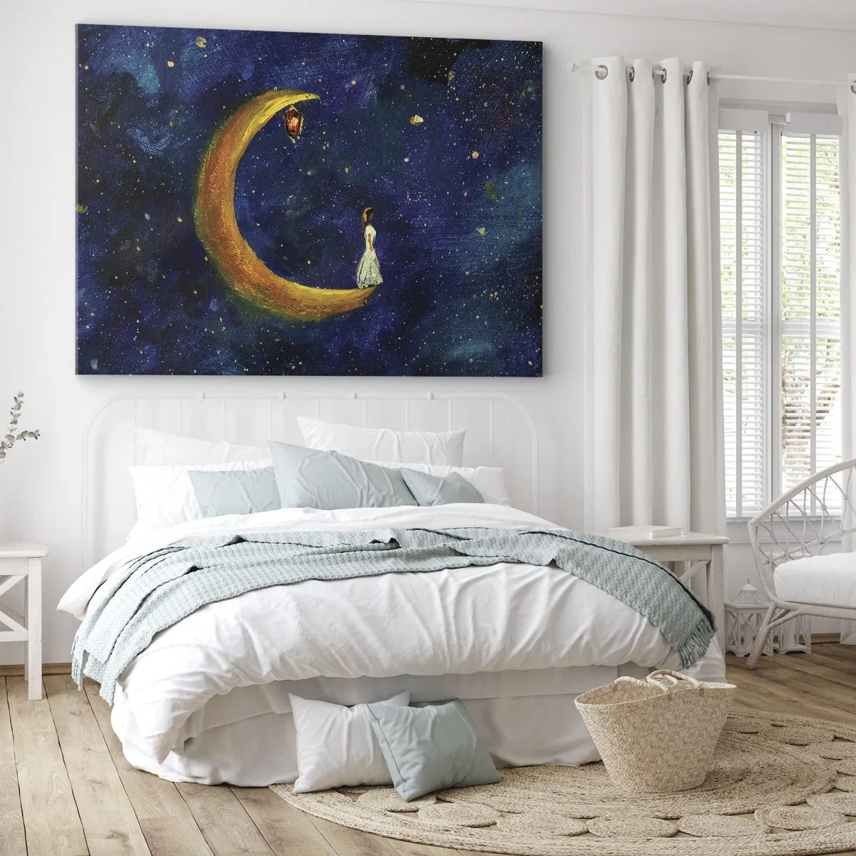 Schilderen op canvas - Een meisje staat op de maan in een sterrenhemel - 70x50cm - De roep van de wereld - Moderne wanddecoratie voor woonkamer en slaapkamer ARTTOR