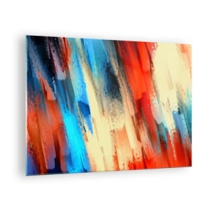 Schilderen op glas - Abstracte penseelstreken in tinten blauw, rood en beige - 70x50cm - Een cascade van kleuren - Moderne wanddecoratie voor woonkamer en slaapkamer ARTTOR