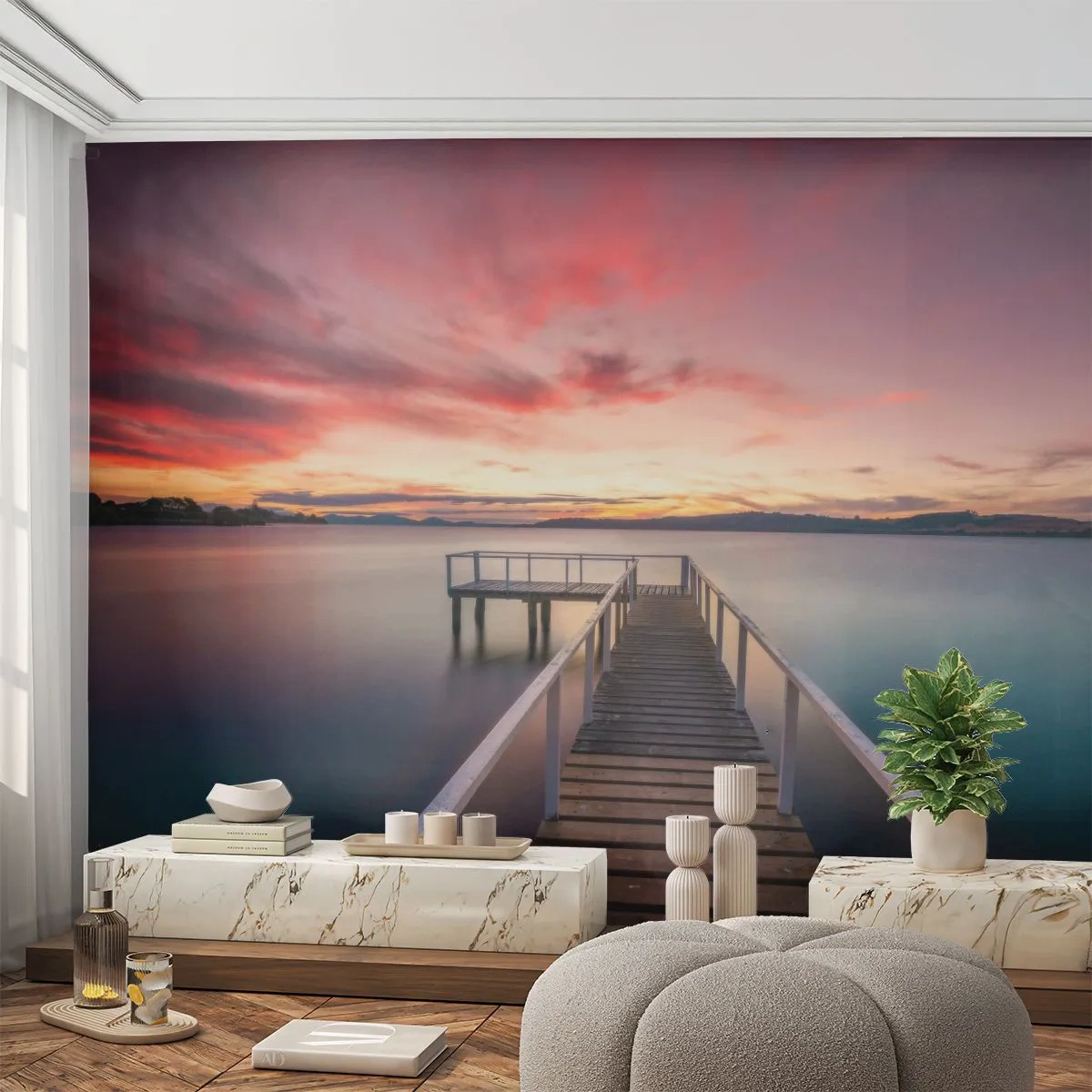 Fotobehang Premium Sand - De zachte vlam van de avond - Landschap, Zonsondergang, Houten pier - 400x280 cm