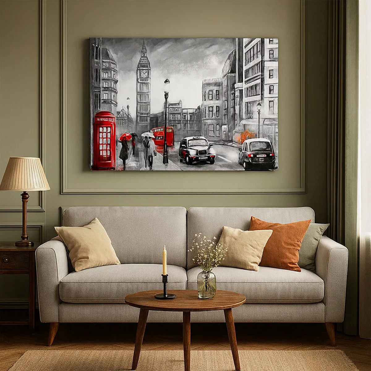 Schilderen op canvas - Een Londens tafereel in zwart-wit met rode accenten - 70x50cm - Helemaal geen grijze stad - Moderne wanddecoratie voor woonkamer en slaapkamer ARTTOR