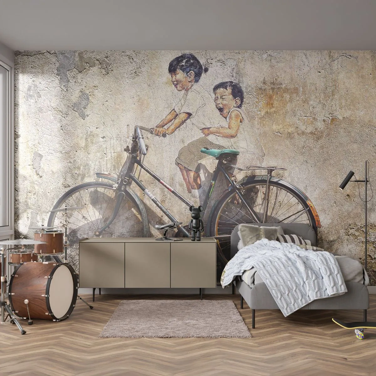 Fotobehang Premium Sand - Waar of niet waar? - Abstractie, Muurschildering, Fiets - 100x70 cm