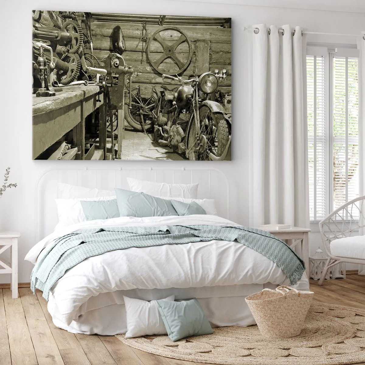 Schilderen op canvas - Retro werkplaats met motorfietsen en gereedschap - 70x50cm - In de schuur van oom Władek - Moderne wanddecoratie voor woonkamer en slaapkamer ARTTOR