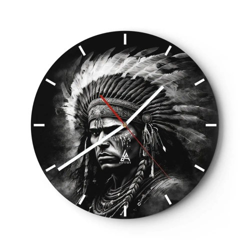 Wandklok - Klok - Portret van een opperhoofd met een veren hoofdtooi in monochrome stijl - 30x30cm - Een leider en strijder - Moderne wanddecoratie voor woonkamer, keuken en slaapkamer ARTTOR