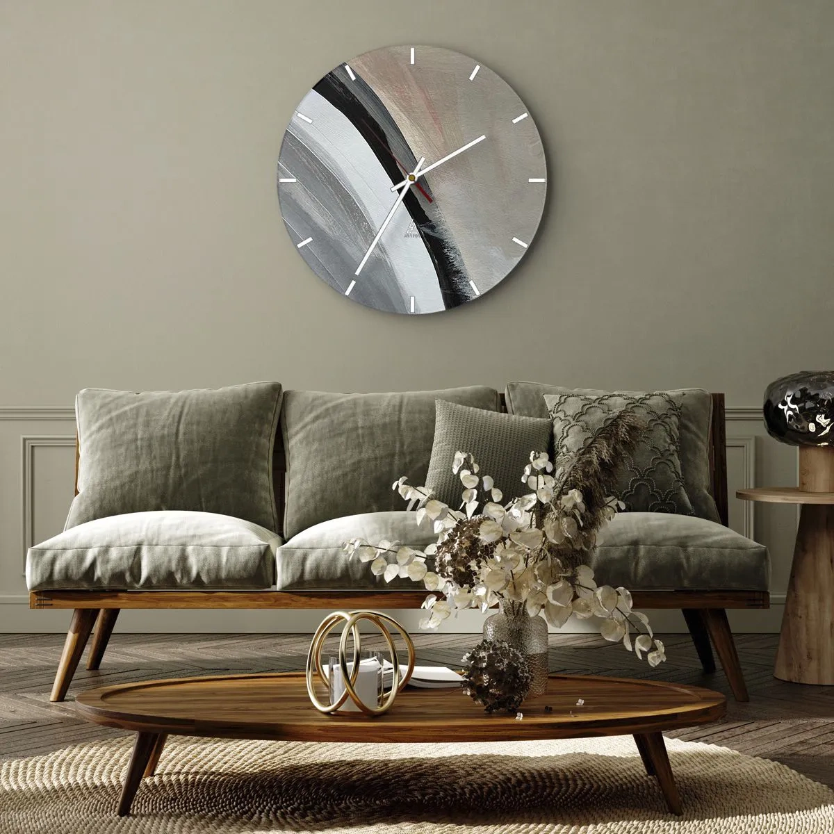 Wandklok - Klok - Compositie: boog van zwart en grijs - 40x40 cm
