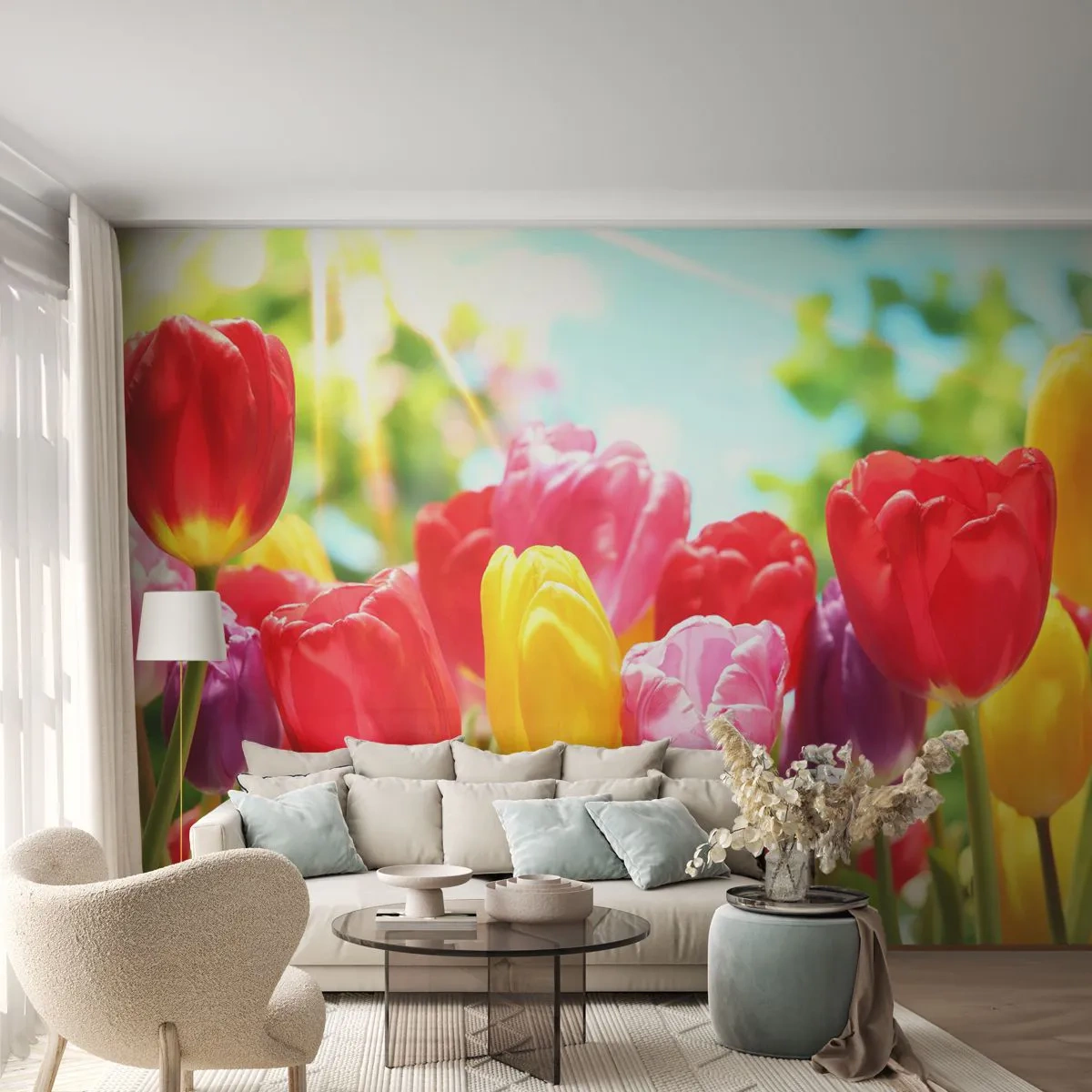 Zelfklevend Fotobehang Deluxe Sticker - Dat zijn wij, de kleuren van mei! - Bloemen, Tulpen, Tuin - 250x175 cm