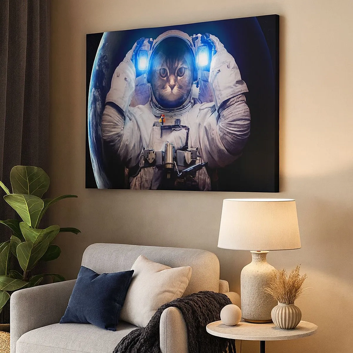Schilderen op canvas - Een kat in een astronautenpak met de aarde op de achtergrond en een fel licht. - 70x50cm - Houston, je hebt een probleem - Moderne wanddecoratie voor woonkamer en slaapkamer ARTTOR