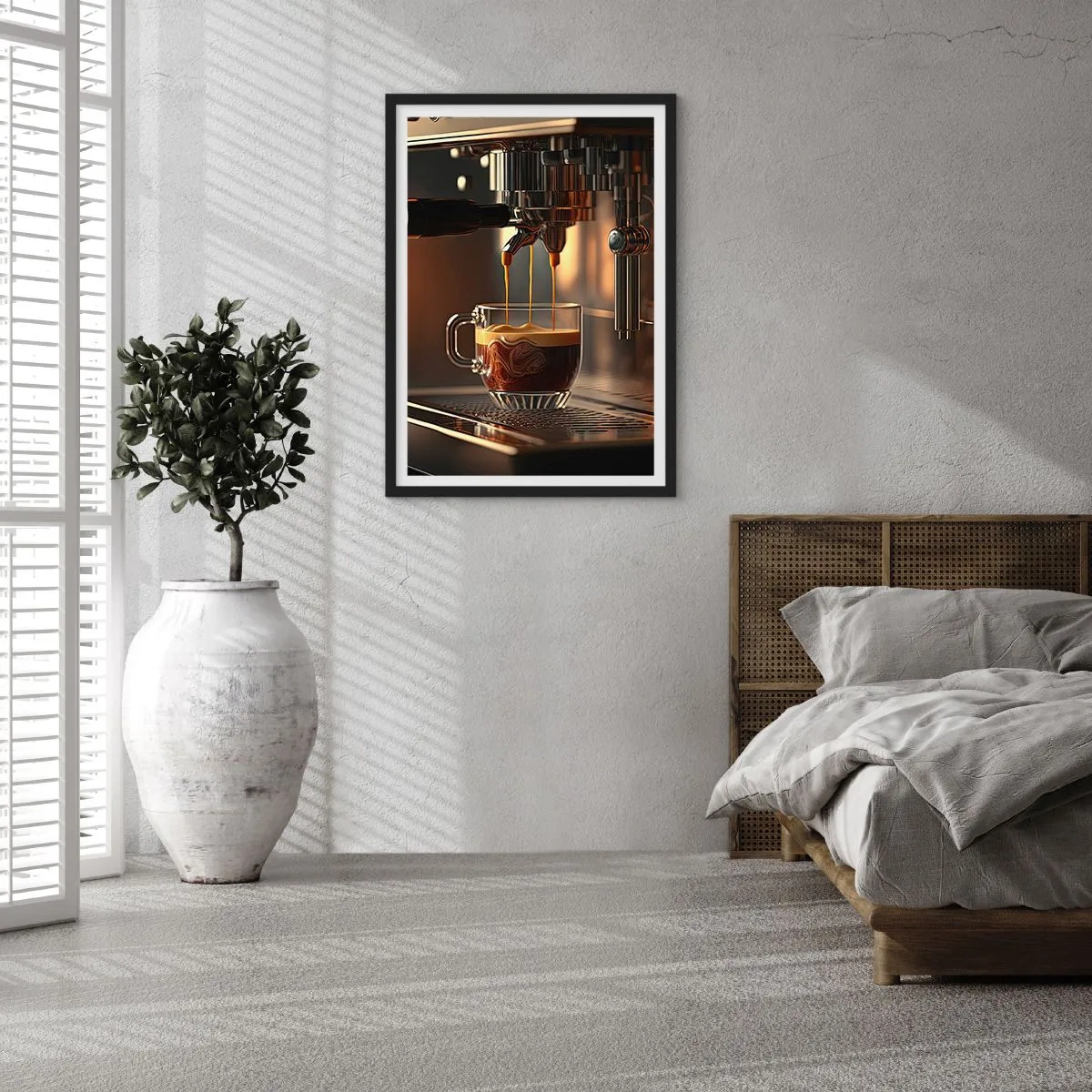 Poster in een zwarte lijst - Een koffiezetapparaat dat espresso in een kopje schenkt - 50x70cm - Een sensuele mix - Moderne wanddecoratie voor woonkamer en slaapkamer ARTTOR