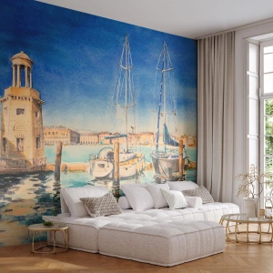 Fotobehang Standard Eco - Zonnige lagune - Haven, Landschap, Vuurtoren - 350x256 cm