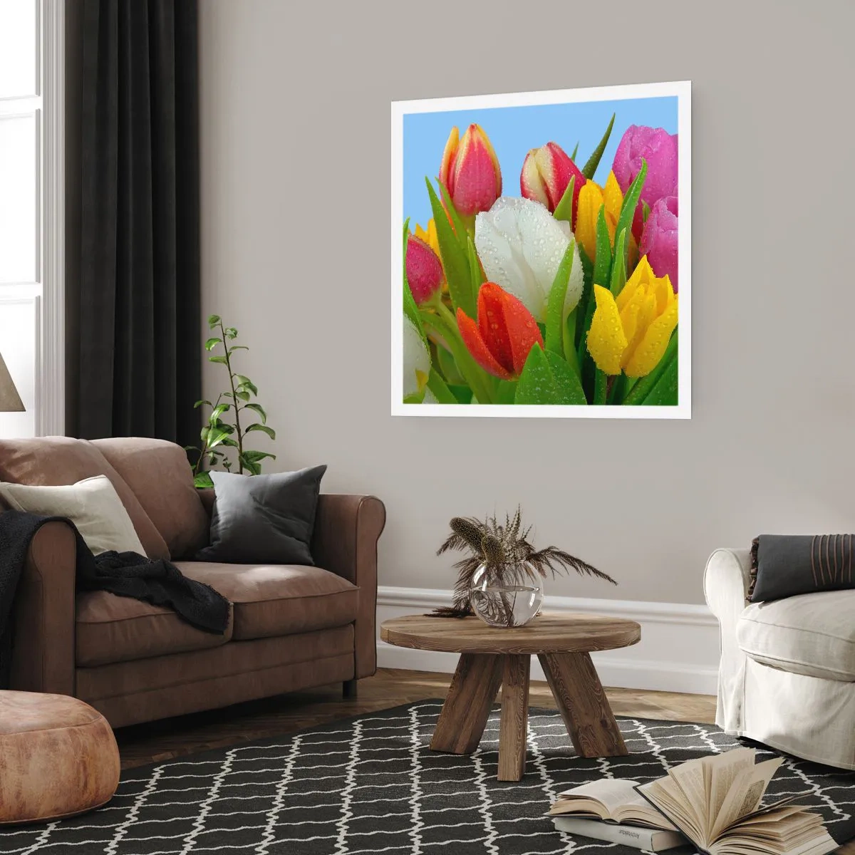Poster - Een bloemenregenboog in dauwdruppels - 60x60 cm