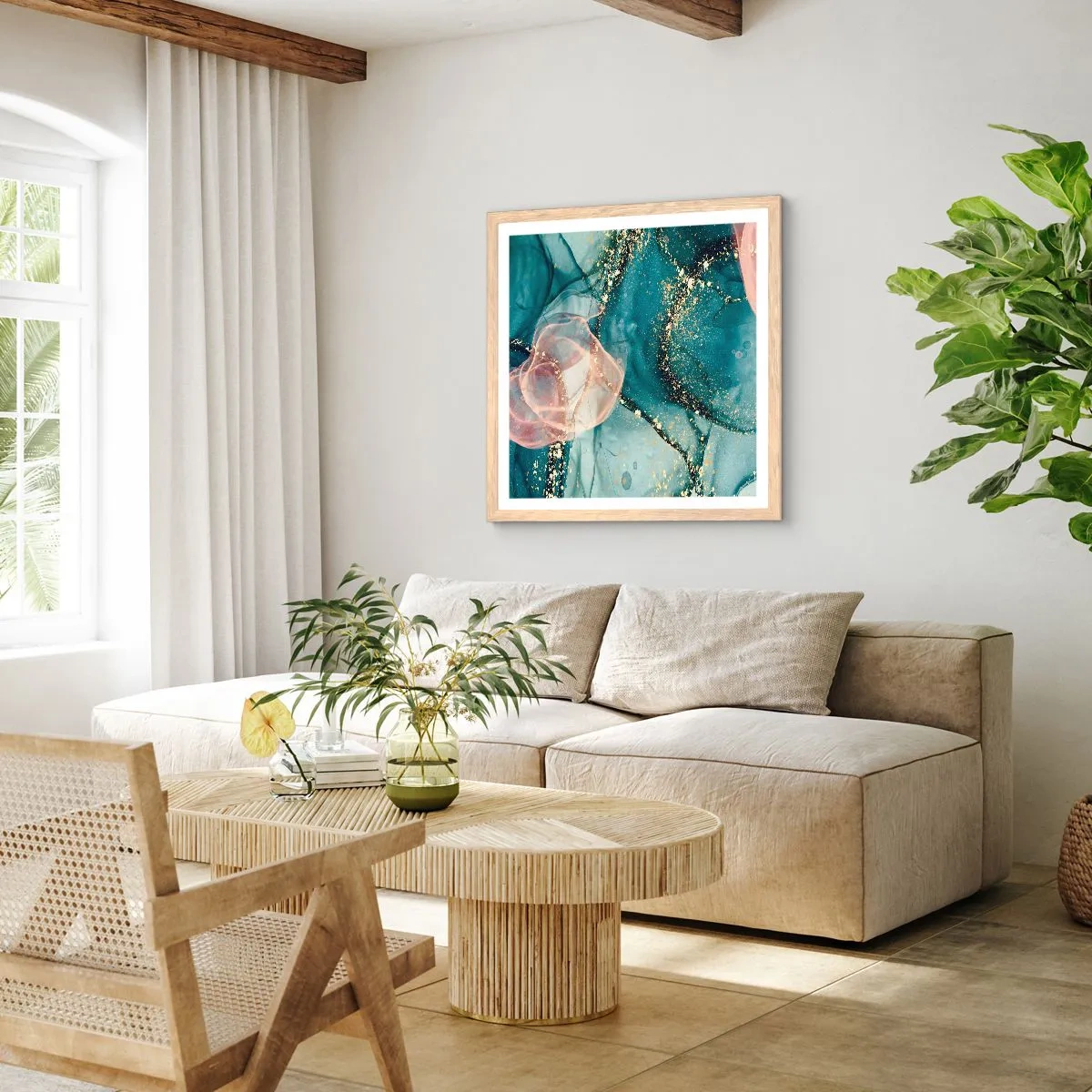 Een poster in een licht eiken lijst - Zijdeblauw, tule roze - 40x40 cm