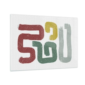 Schilderen op glas - Kleurrijke abstracte tekens op een witte achtergrond - 70x50cm - In een onbekende taal - Moderne wanddecoratie voor woonkamer en slaapkamer ARTTOR