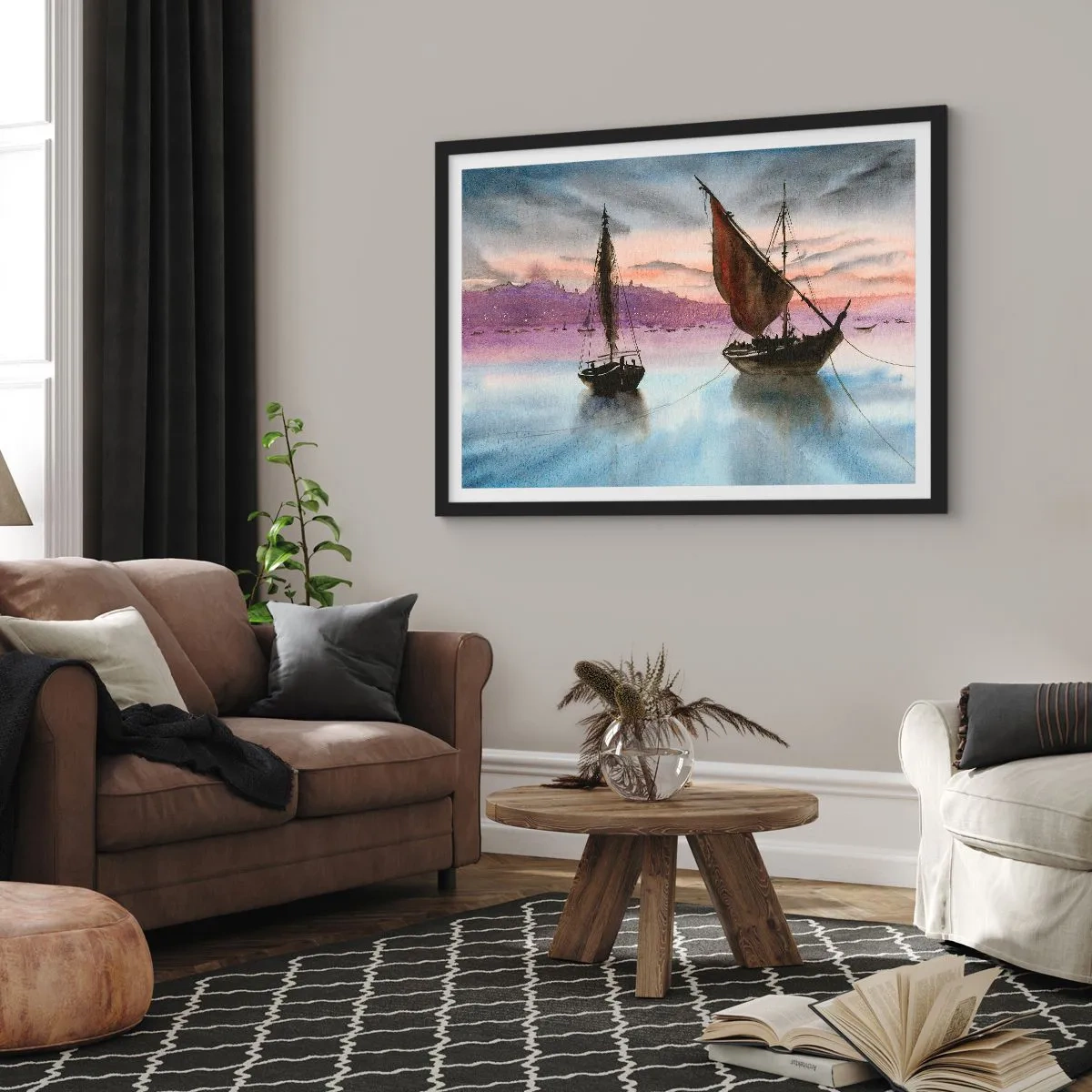 Poster in een zwarte lijst - Avond in de haven - 70x50 cm