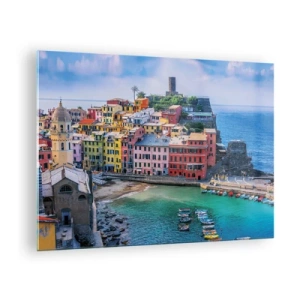 Schilderen op glas - Een kleurrijk mediterraan stadje aan de blauwe zee - 70x50cm - Mediterrane magische stad - Moderne wanddecoratie voor woonkamer en slaapkamer ARTTOR