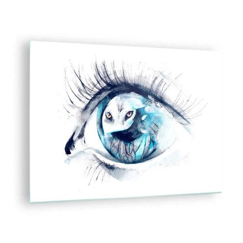 Schilderen op glas - Een vrouwenoog met een uilmotief in aquarelstijl - 70x50cm - Oog in oog met wildheid - Moderne wanddecoratie voor woonkamer en slaapkamer ARTTOR
