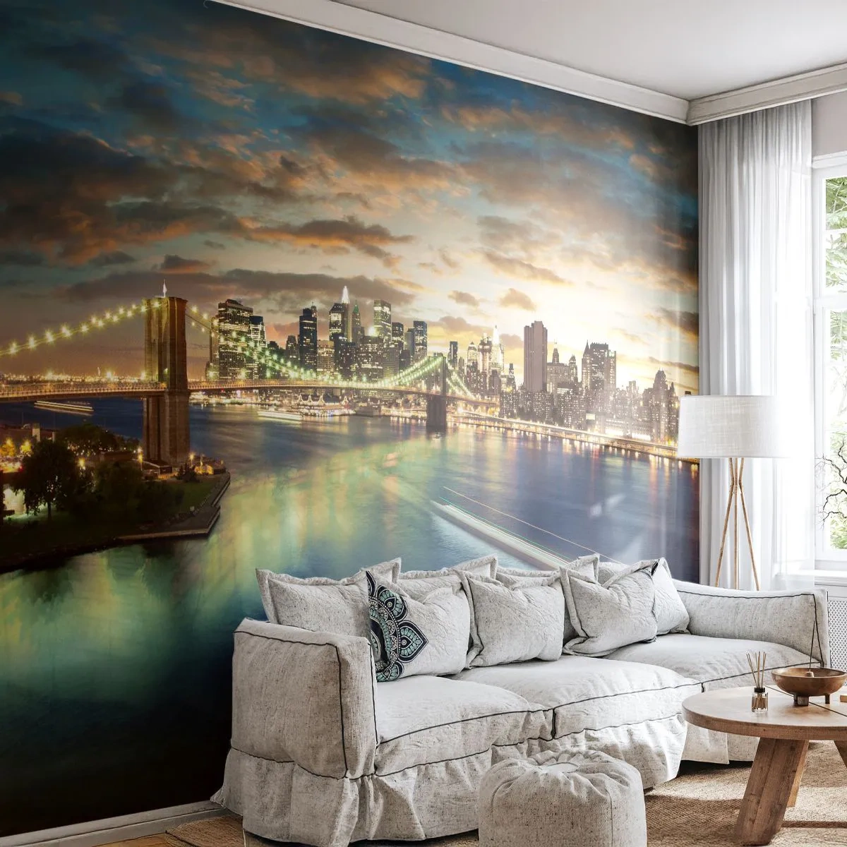 Fotobehang Premium Canvas - Een heldere avond boven Manchatan - Stad, Brug, New York - 300x210 cm