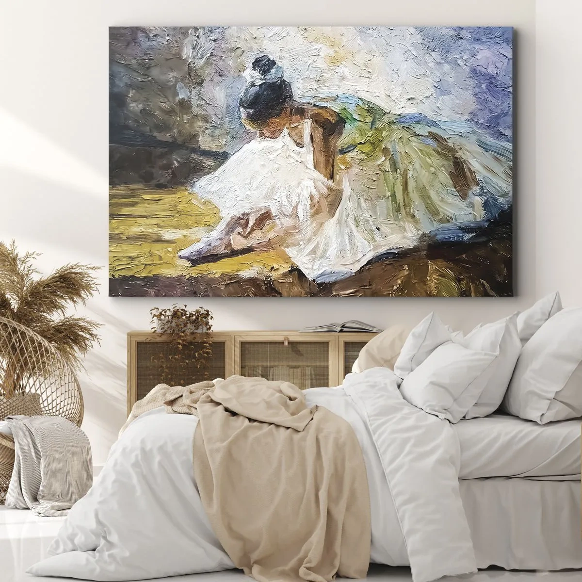 Schilderen op canvas - Een ballerina in een witte jurk in schilderachtige stijl tegen een impressionistische achtergrond. - 70x50cm - Naar een schilderij van Degas - Moderne wanddecoratie voor woonkamer en slaapkamer ARTTOR