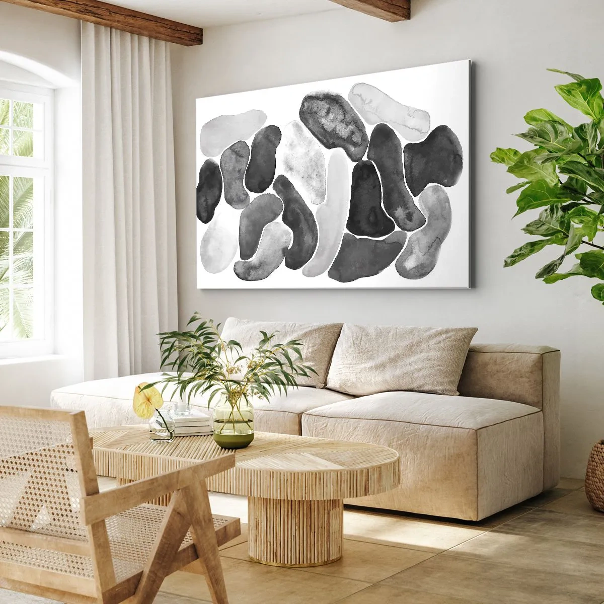 Schilderen op canvas - Zwart-wit abstractie met onregelmatige vlekken op een witte achtergrond - 70x50cm - Rotsachtige abstractie - Moderne wanddecoratie voor woonkamer en slaapkamer ARTTOR