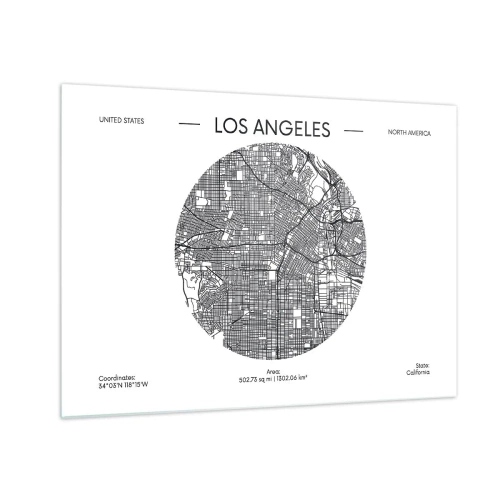 Schilderen op glas - Een minimalistische zwart-witkaart van Los Angeles. - 70x50cm - Anatomie van Los Angeles - Moderne wanddecoratie voor woonkamer en slaapkamer ARTTOR
