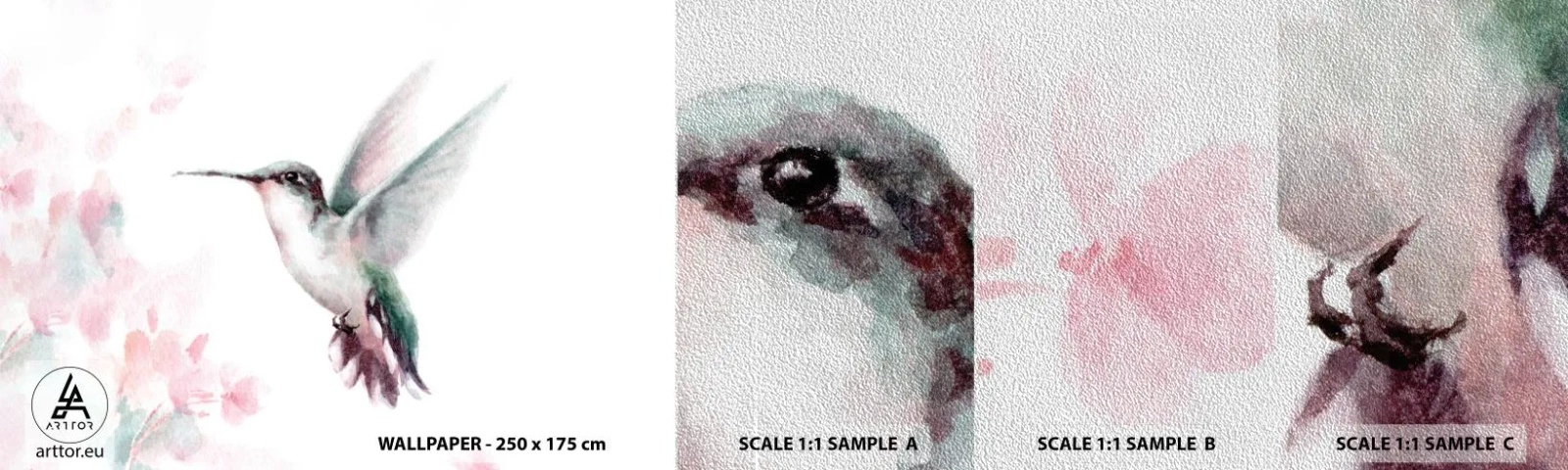 Fotobehang Monster Premium Sand - Vastgehouden tijdens fladderen - Kolibrie, Vogel, Deel - 100x30 cm