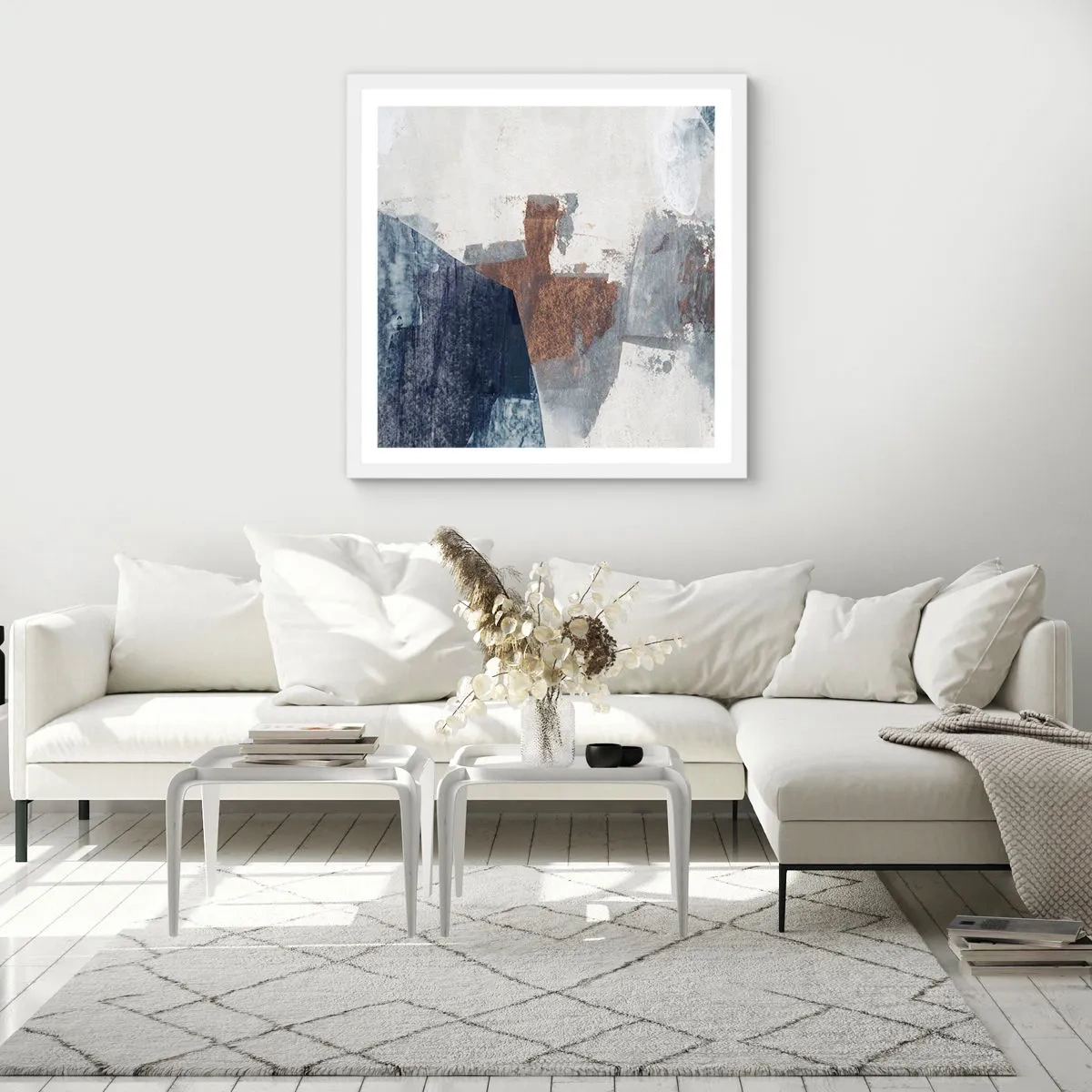 Poster in een witte lijst - Blauwe en bruine vormen - 60x60 cm