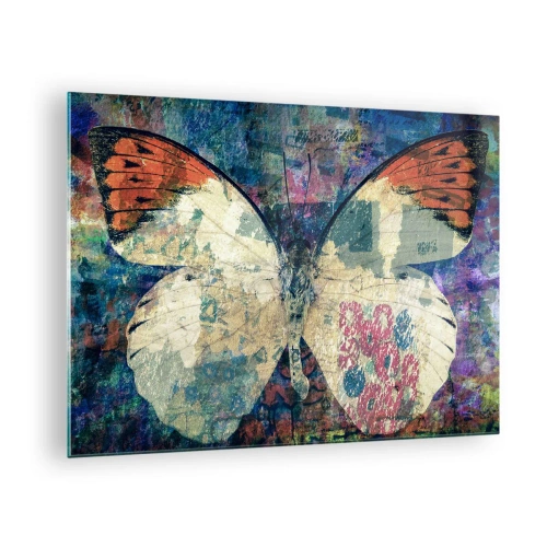 Schilderen op glas - Een kleurrijke vlinder op een abstracte achtergrond in tinten blauw en oranje. - 70x50cm - Subtiele kwetsbaarheid - Moderne wanddecoratie voor woonkamer en slaapkamer ARTTOR