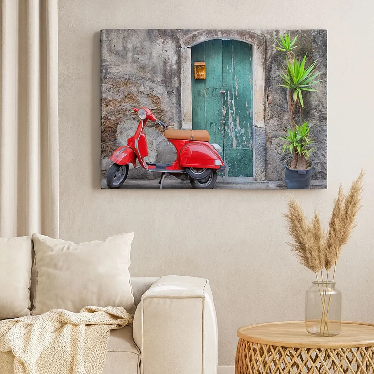 Schilderen op canvas - Rode scooter bij de groene deur - 70x50cm - Italiaanse vakantie - Moderne wanddecoratie voor woonkamer en slaapkamer ARTTOR