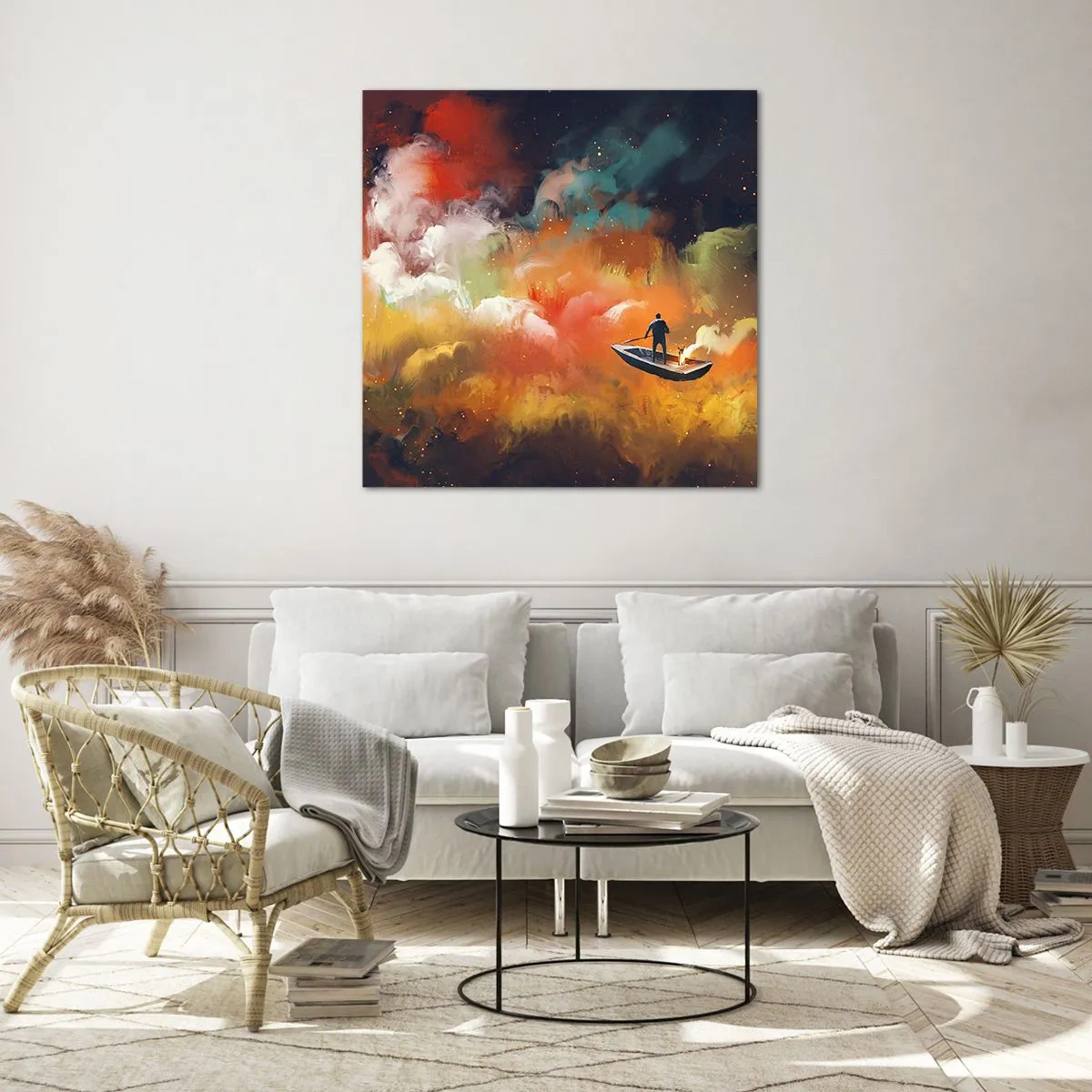 Schilderen op glas - Met de boot door de sterrenstelsel - 70x70 cm