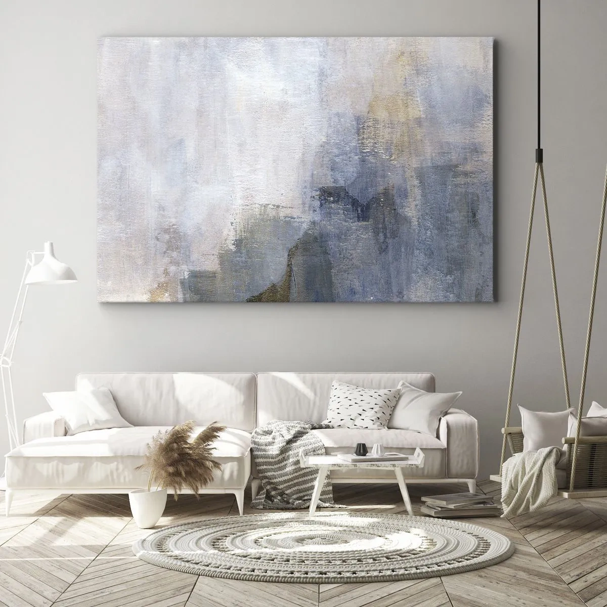 Schilderen op canvas - Subtiele abstracte vlekken in tinten blauw en beige - 70x50cm - Kleurtonen en akkoorden - Moderne wanddecoratie voor woonkamer en slaapkamer ARTTOR