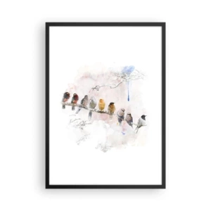 Poster in een zwarte lijst - Vogels die op een tak zitten in aquarelstijl - 50x70cm - Gevleugelde ontmoeting - Moderne wanddecoratie voor woonkamer en slaapkamer ARTTOR