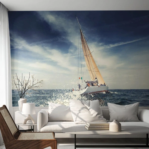 Zelfklevend Fotobehang Deluxe Sticker - Ze halen ons niet in! - Zeilboot, Oceaan, Zeiljacht - 250x175 cm