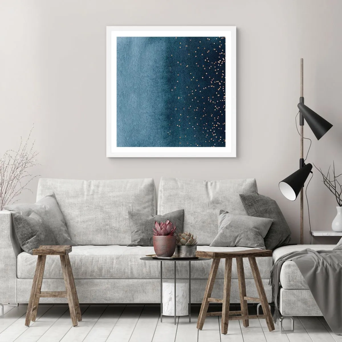 Poster in een witte lijst - Samenstelling - blauwe fasen - 60x60 cm