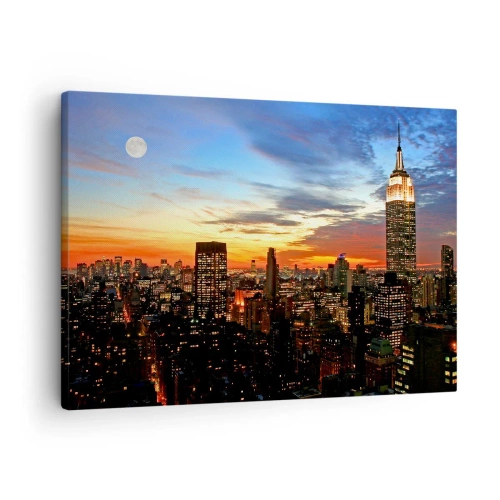 Schilderen op canvas - Stadspanorama met verlichte wolkenkrabbers in de schemering - 70x50cm - Een stralende Amerikaanse nacht - Moderne wanddecoratie voor woonkamer en slaapkamer ARTTOR