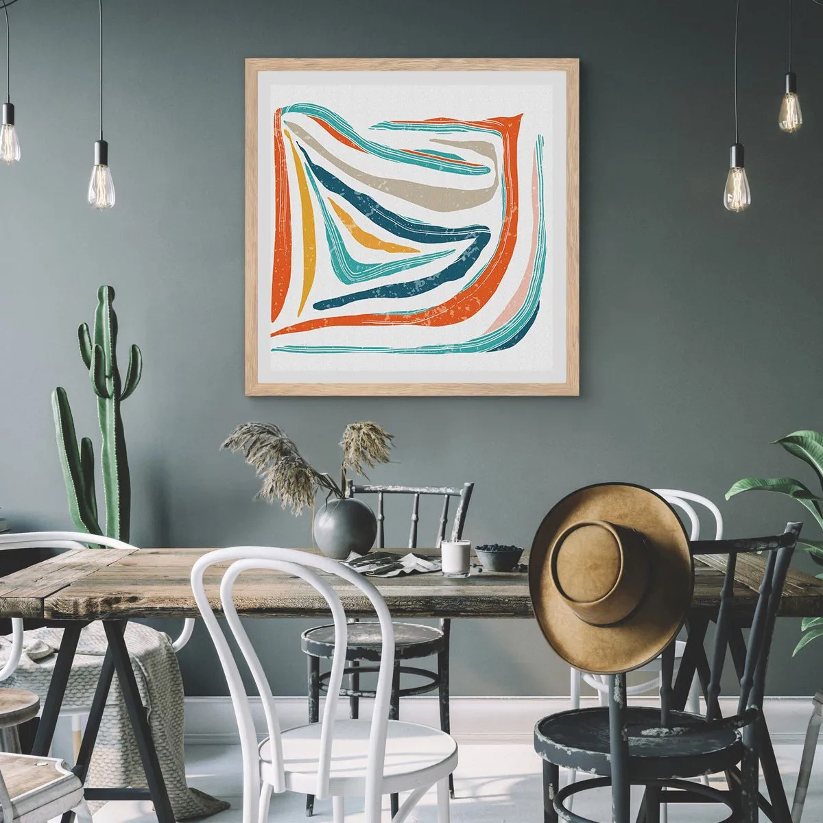 Een poster in een licht eiken lijst - Abstractie met een vriendelijke glimlach - 40x40 cm