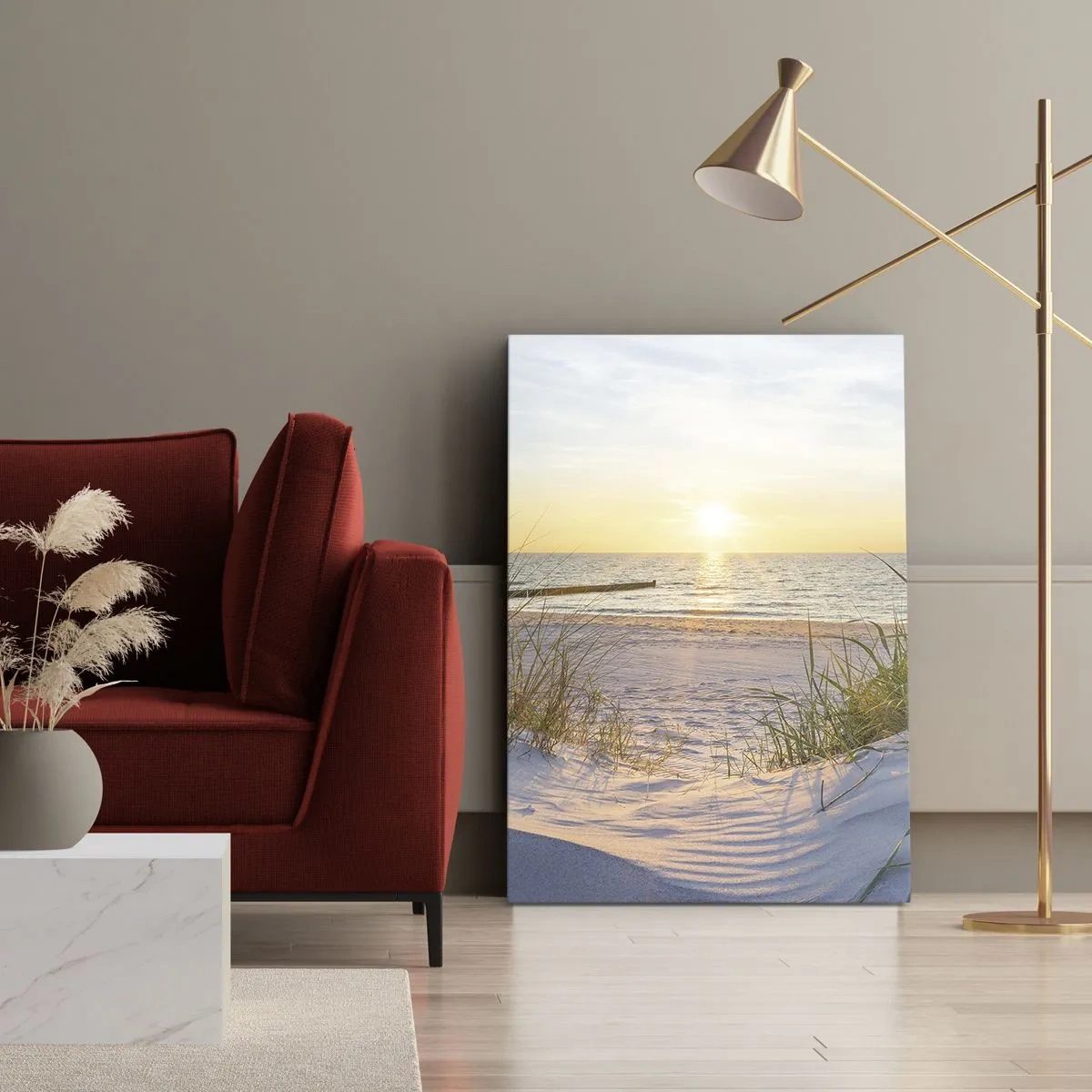 Schilderen op canvas - Het geluid van de zee, het zingen van vogels, een wild strand tussen het gras... - 55x100 cm